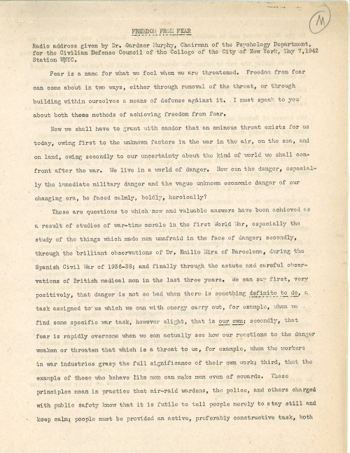 Social psychologist Gardner Murphy discusses fear on a WNYC radio program. From the Gardner and Lois B. Murphy papers. 