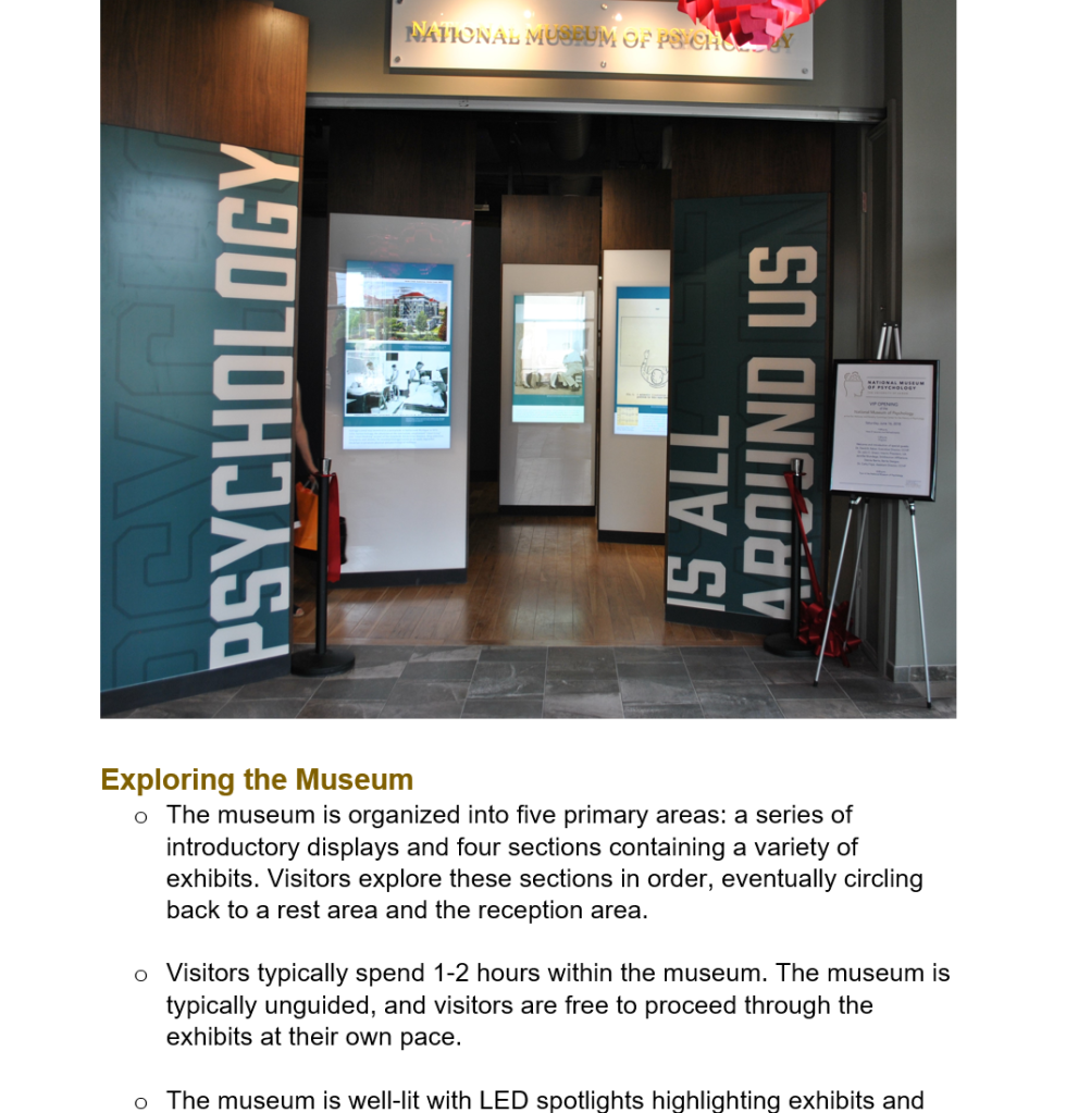 Preview of the CCHP Visitor’s Guide, featuring an image of the museum entrance and the guide’s “Exploring the Museum” section.