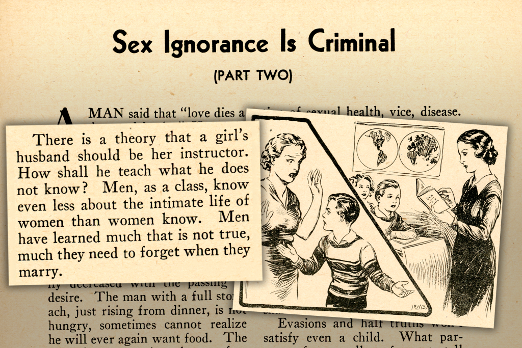 Excerpt from an article titled Sex Ignorance in Criminal (Part Two). It features an illustration of a young boy gesturing angrily at his mother, alongside an illustration of two children seated calmly in front of a woman holding a book.
