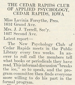 Information on the Cedar Rapids Club of Applied Psychology, which met every two weeks in the Cedar Rapids Public Library