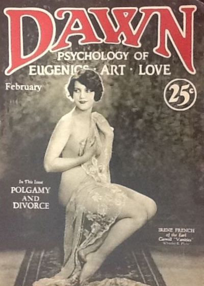 Cover of Dawn: Psychology of Eugenics, Art, Love magazine. It depicts a seated woman wearing only a lace shawl or scarf.