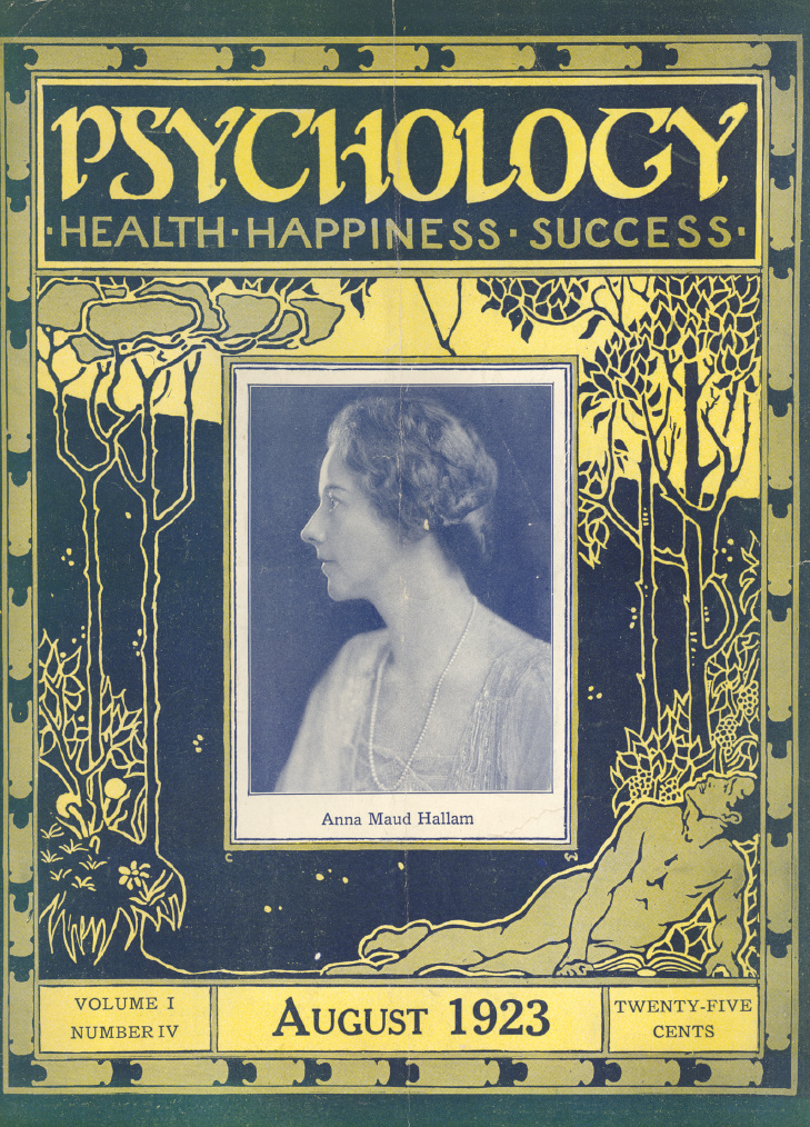 Cover of Psychology: Health, Happiness, Success magazine. It depicts a nature scene and a portrait of Anna Maud Hallam.