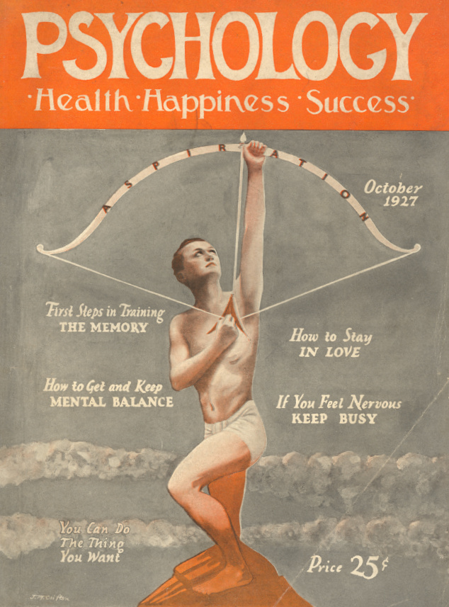 Cover of Psychology: Health, Happiness, Success magazine. It depicts a man pointing a bow and arrow labeled "aspiration" toward the sky.