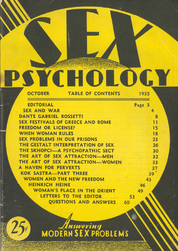 Cover of Sex Psychology magazine, featuring a table of contents in yellow and black.
