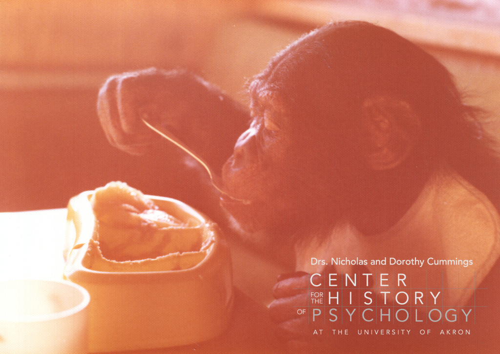A digitized photograph of a young chimpanzee eating from a bowl with a spoon.  The chimp is wearing a bib and sitting at a table. 