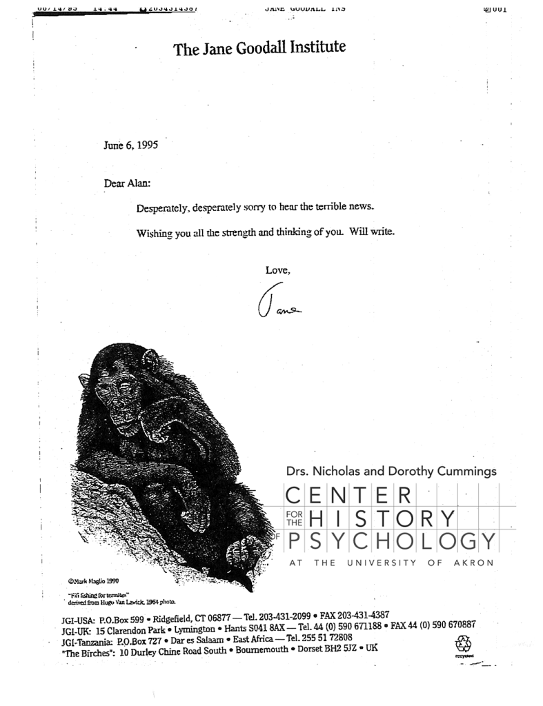 Digital scan of a fax letter from Jane Goodall to Allen Gardner on June 6, 1995. Goodall is expressing her condolences after the death of Beatrix T. Gardner.