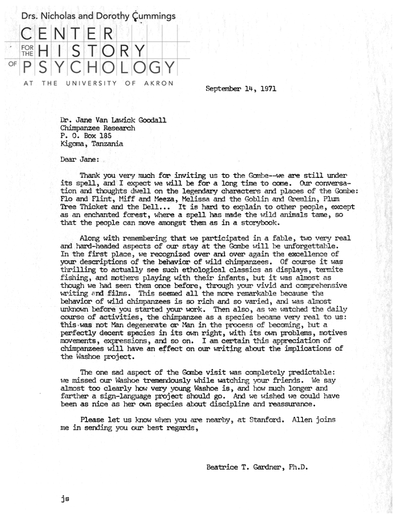 A scan of a letter written on September 14, 1971 to Jane van Lawick Goodall from Beatrice T. Gardner. The letter thanks Jane for inviting the Gardners to Gombe and summarizes what they learned from the trip.