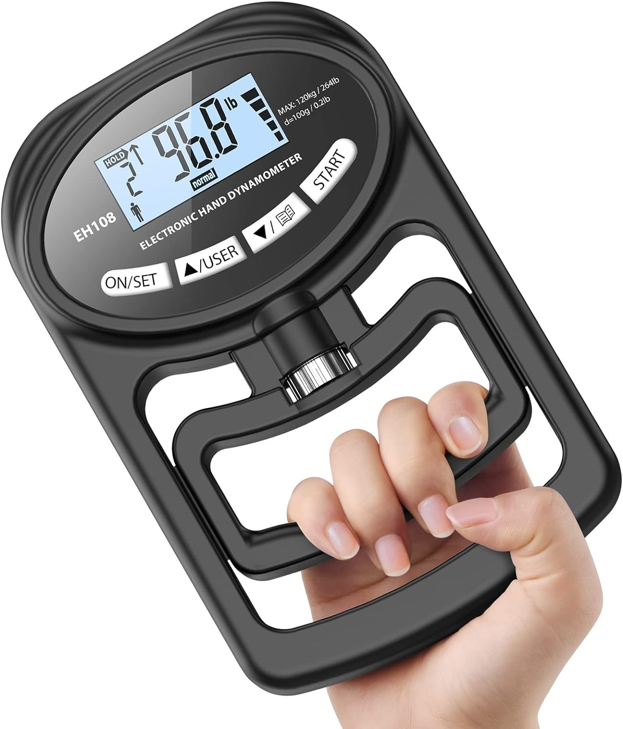 An electric hand dynamometer, a black plastic device with a digital numerical display and a handle designed to be gripped by one hand.